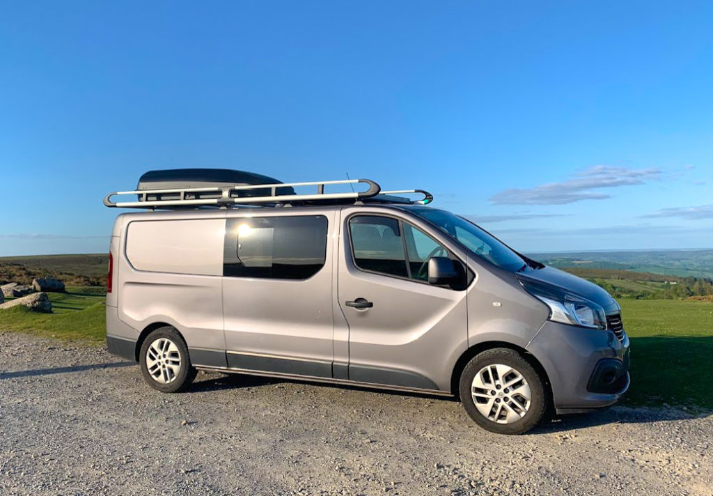 Campervan with the ULTI Rack, roof box and campervan solar panels fitted.